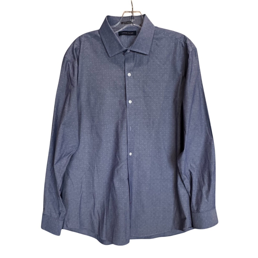 Tommy Hilfiger Men's Slim Fit Dress Shirt 16.5 32/33 Navy Blue Dot Print Cotton